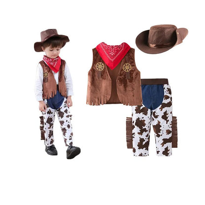 Baby Boy Clothes Costume Infant Toddler Cowboy Set 3Pcs Hat Scarf Romper Halloween Event Birthday Holiday Cosplay Outfits 0-10Y