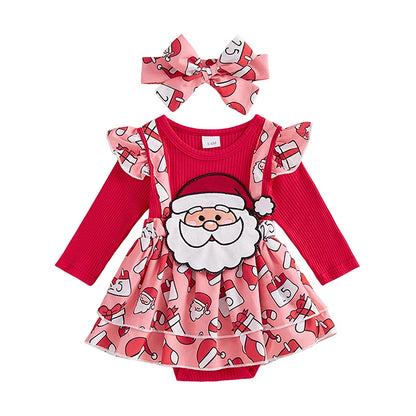 Baby Girls 2Pcs Christmas Outfits Long Sleeve Santa Gingerbread Romper Dress Headband Set Newborn Clothes