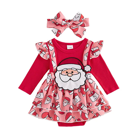 Baby Girls 2Pcs Christmas Outfits Long Sleeve Santa Gingerbread Romper Dress Headband Set Newborn Clothes