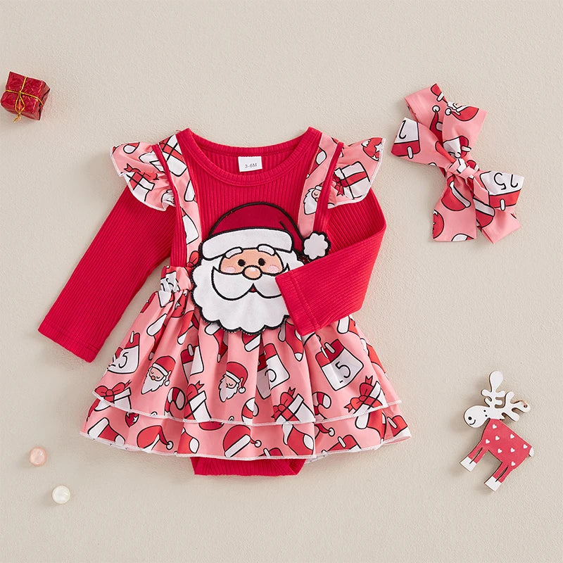 Baby Girls 2Pcs Christmas Outfits Long Sleeve Santa Gingerbread Romper Dress Headband Set Newborn Clothes