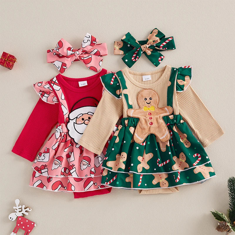 Baby Girls 2Pcs Christmas Outfits Long Sleeve Santa Gingerbread Romper Dress Headband Set Newborn Clothes