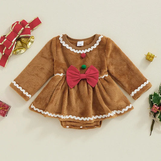 Baby Girls Christmas Romper Dress Long Sleeve Gingerbread Jumpsuits Newborn Xmas Clothes