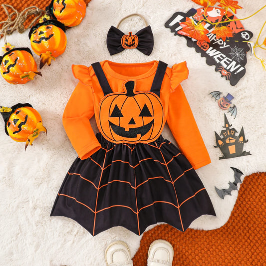 Baby Halloween Costumes Princess Fall Newborn Girls Skirt Sets Outfits Flying Sleeve Romper Pumpkin Suspender Skirt Headband Set