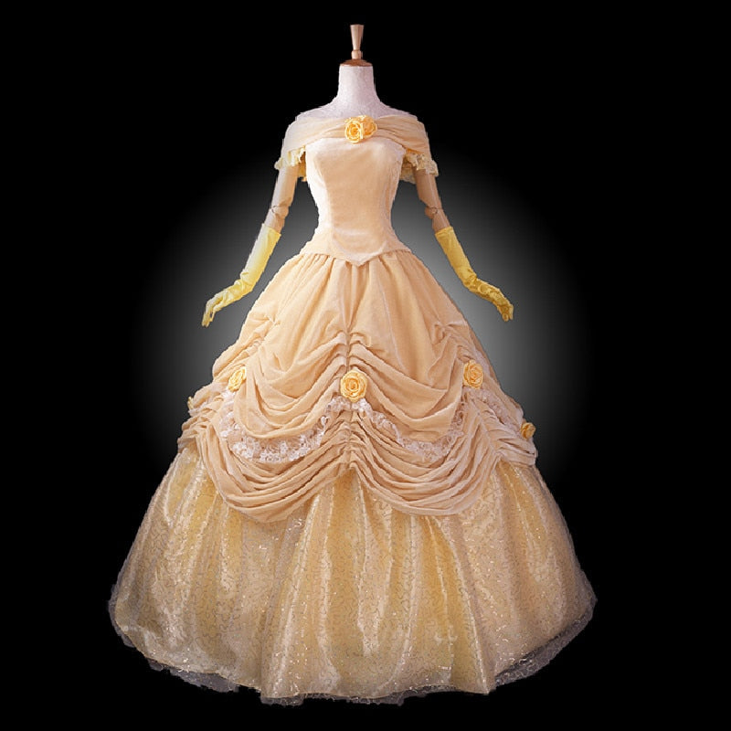 Belle Cosplay Costume Princess Yellow Dress For Adult Women Halloween Party Dresses