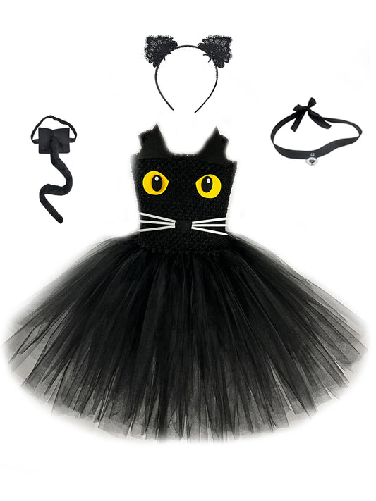 Black Cat Costume for Girls Toddler Birthday Party Fancy Tutu Dress Hairband Tie Tail Kids Halloween Animal Cosplay Costumes