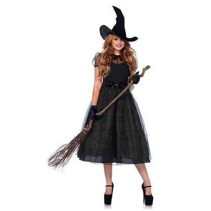 Black Gothic Witch Costume for Adult Women Purim Halloween Cos Party Wizards Dress