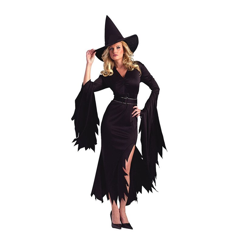 Black Gothic Witch Costume for Adult Women Purim Halloween Cos Party Wizards Dress