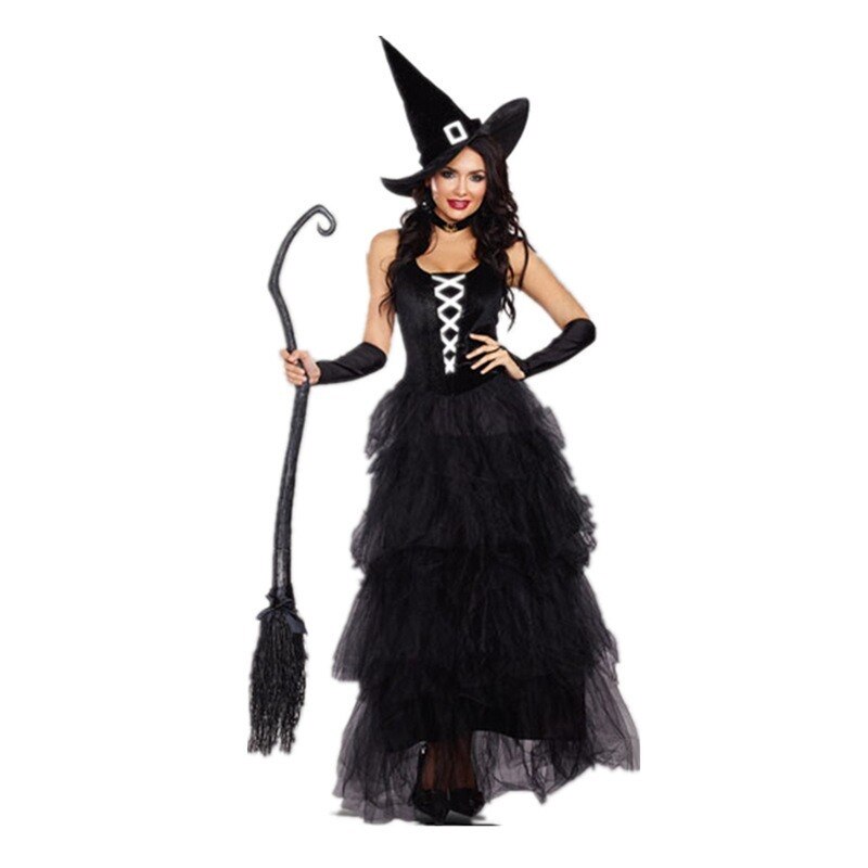 Black Gothic Witch Costume for Adult Women Purim Halloween Cos Party Wizards Dress