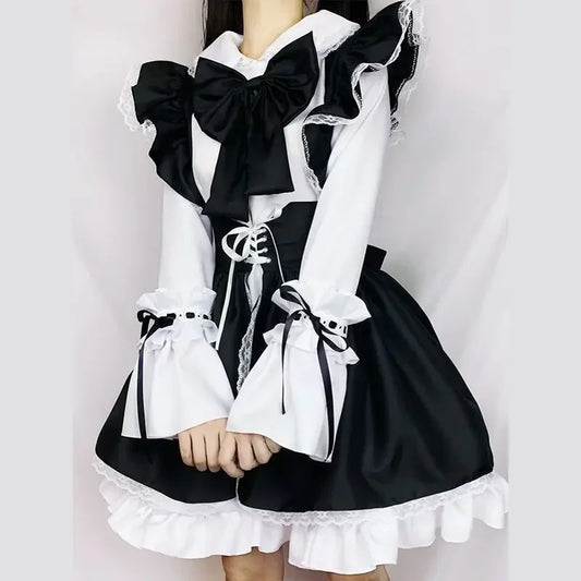 Black White Apron Maid Lolita Dress Men Women Anime Long Sleeve Dress Japanese Sweet Preppy Style Vestidos De Femenino