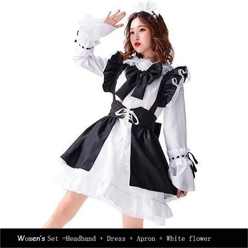 Black White Apron Maid Lolita Dress Men Women Anime Long Sleeve Dress Japanese Sweet Preppy Style Vestidos De Femenino