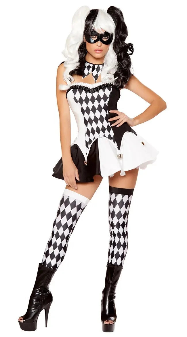 Black and White Harlequin Clown Dress for Women Halloween Carnival Cosplay Costume