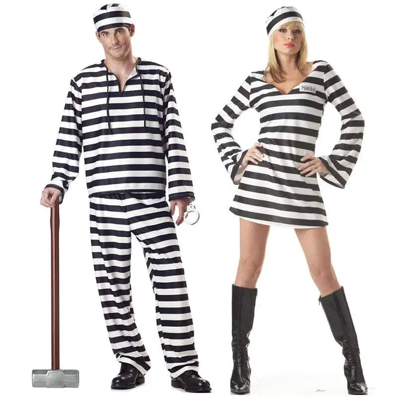 Black White Stripe Stripe Bloody Convict Costume Zombie Prisoner Cosplay Prison Uniform Halloween Prison School Couple Costume