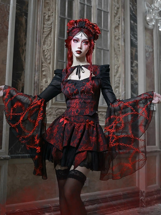 Gothic Red Black Rose Embroid Lace Long Flying Sleeve Blouse Hollow Out Halloween Mesh Punk Blusa Summer