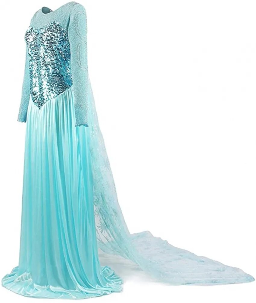 Blue Princess Dress Sequined Long Robe Party Costume Snow Queen Cos Outfit Halloween Costume for Adult Women