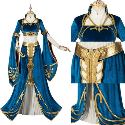 Blue Velvet Zelda Princess Cosplay Costume Dress with Top Skirt and Wig Custom Size Full Set