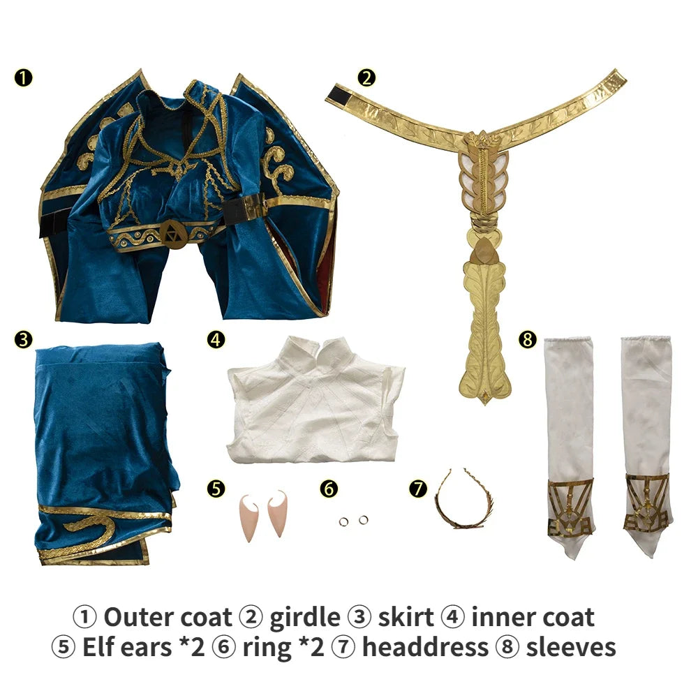 Blue Velvet Zelda Princess Cosplay Costume Dress with Top Skirt and Wig Custom Size Full Set