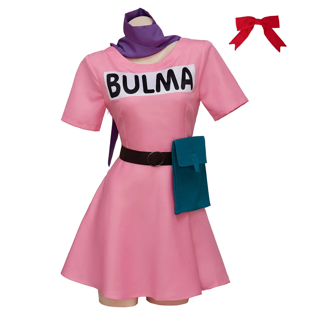 Bulma Cosplay Costume Pink Dress Headwear Purple Scarf Belt Bag Full Set for Women's Halloween Cosplay Costume