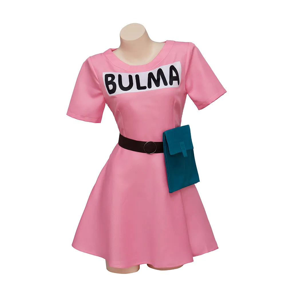 Bulma Cosplay Costume Pink Dress Headwear Purple Scarf Belt Bag Full Set for Women's Halloween Cosplay Costume