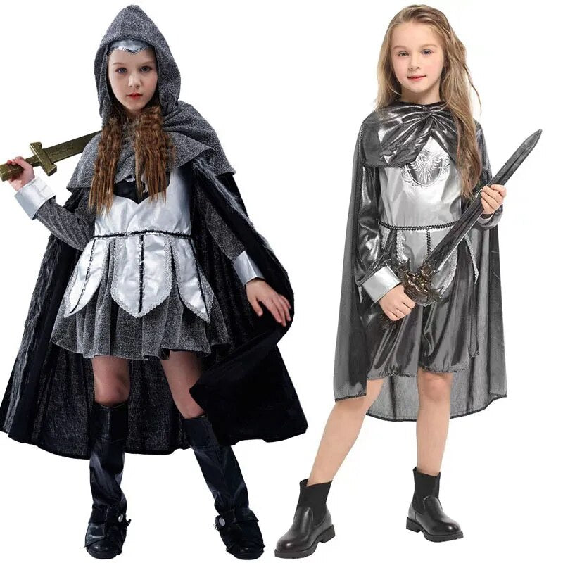 Children Shining Silver Medieval Warrior Knight Costume Girls Halloween Purim Carnival Party Masquerade Kids Role Play