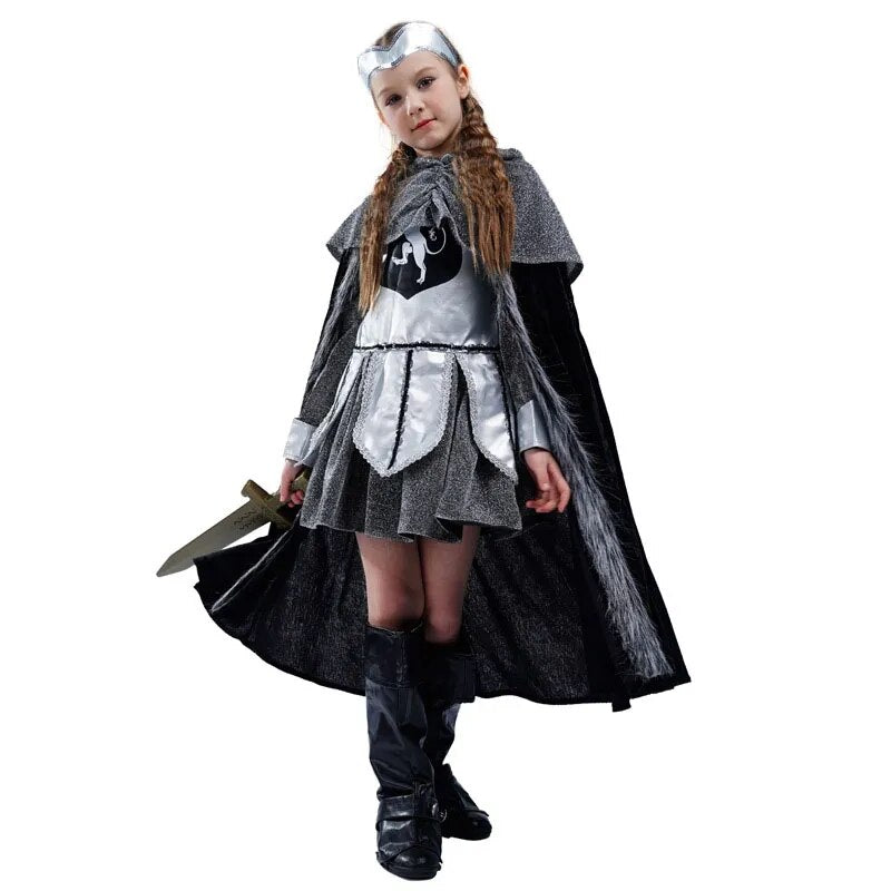 Children Shining Silver Medieval Warrior Knight Costume Girls Halloween Purim Carnival Party Masquerade Kids Role Play