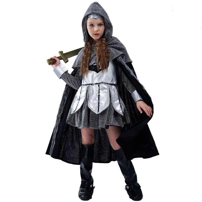 Children Shining Silver Medieval Warrior Knight Costume Girls Halloween Purim Carnival Party Masquerade Kids Role Play