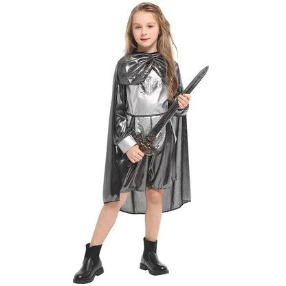 Children Shining Silver Medieval Warrior Knight Costume Girls Halloween Purim Carnival Party Masquerade Kids Role Play