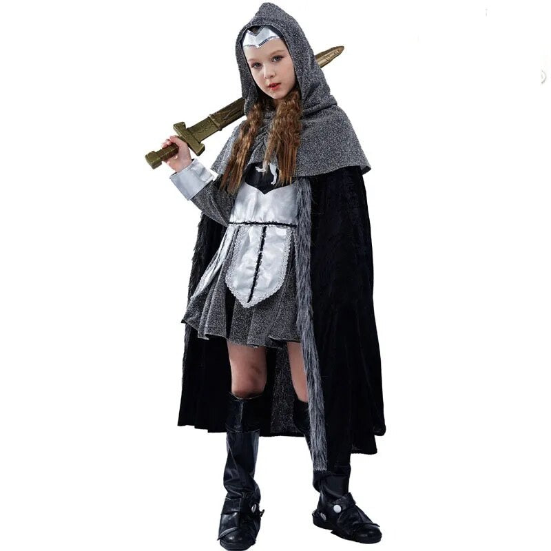 Children Shining Silver Medieval Warrior Knight Costume Girls Halloween Purim Carnival Party Masquerade Kids Role Play