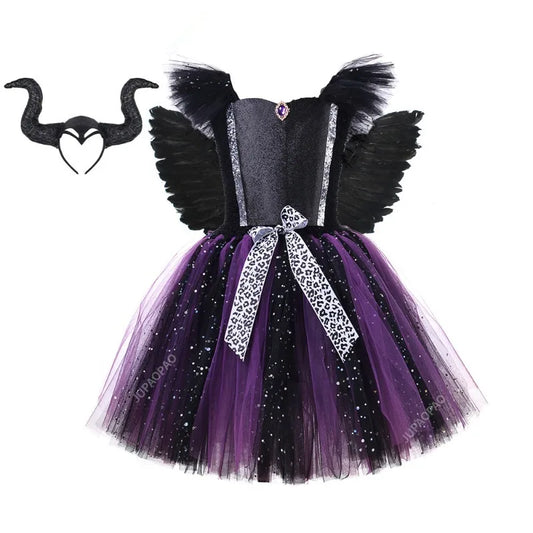 Children's Day Girls Tutu Dress with Horns Wings Sparkly Girl Fancy Dress Devil Dark Witch Cosplay Kids Halloween Costumes