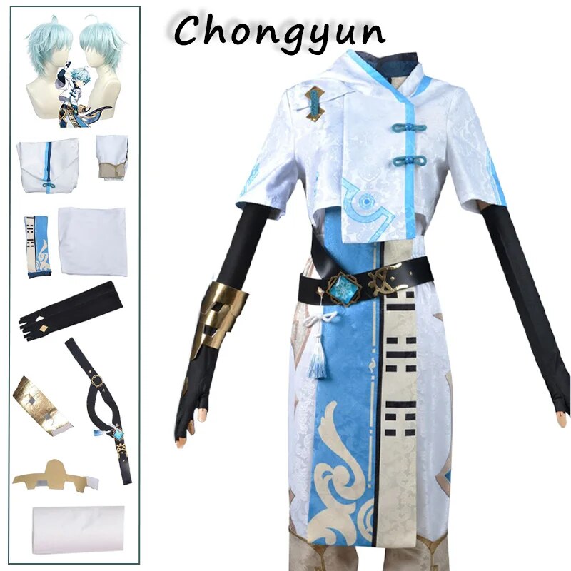 Chongyun Cosplay Genshin Impact Costume Uniform Outfit Cosplay Chun Yun Wig Halloween Party Fancy Dress for Men Women Anime Game