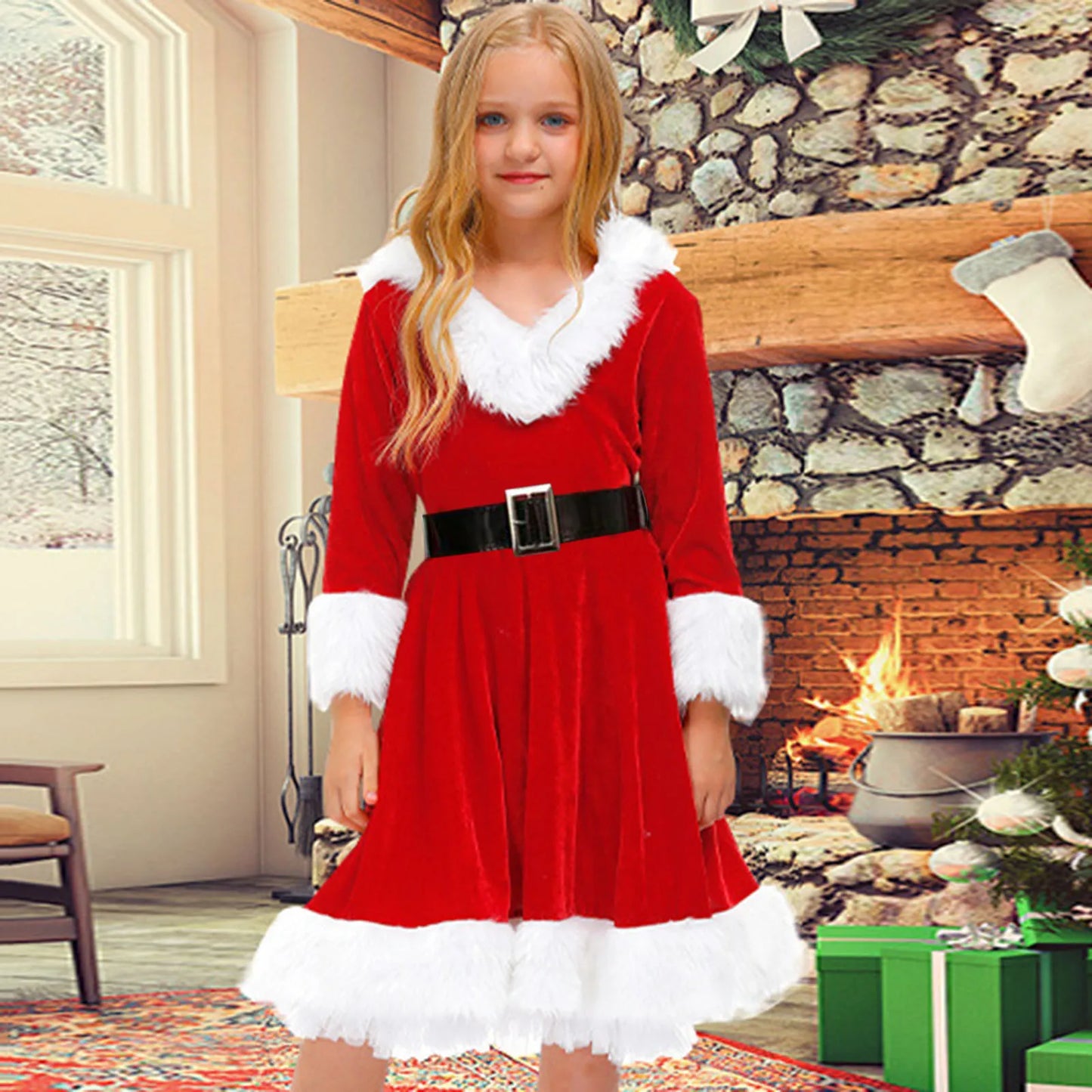 Christmas Children Clothes Girl Dress Cosplay Red Santa Claus Thicken Swing Hoodie Dress Costume Child Festivals Party Dresses