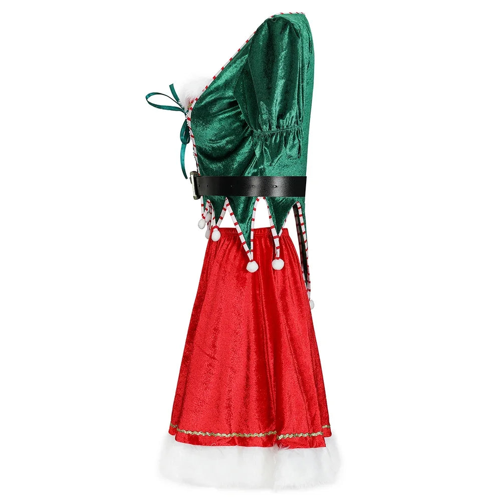 Christmas New Year Masquerade Performance Costume Velvet Christmas Dresses Santa Claus Costume Green Elf Cosplay Sexy Dress