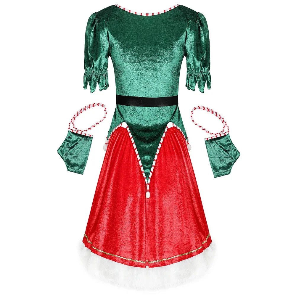 Christmas New Year Masquerade Performance Costume Velvet Christmas Dresses Santa Claus Costume Green Elf Cosplay Sexy Dress