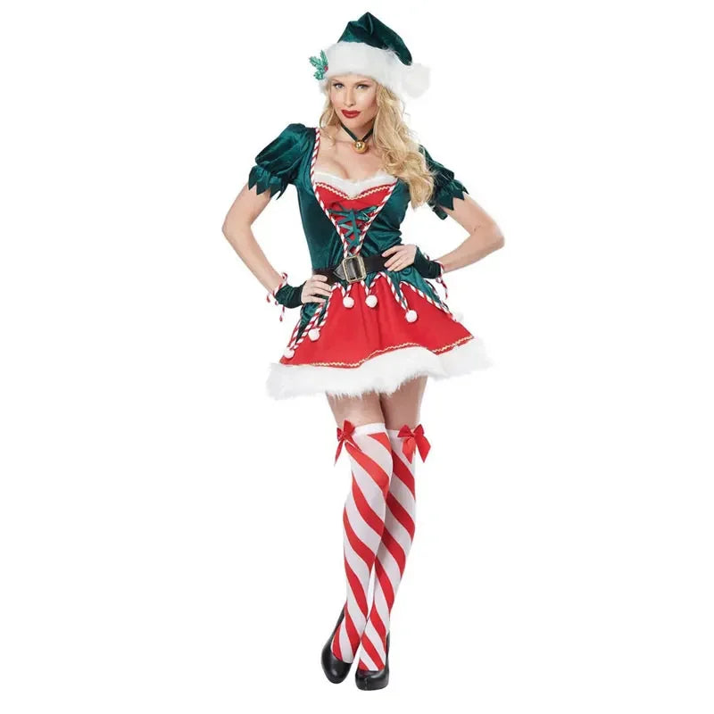 Christmas New Year Masquerade Performance Costume Velvet Christmas Dresses Santa Claus Costume Green Elf Cosplay Sexy Dress