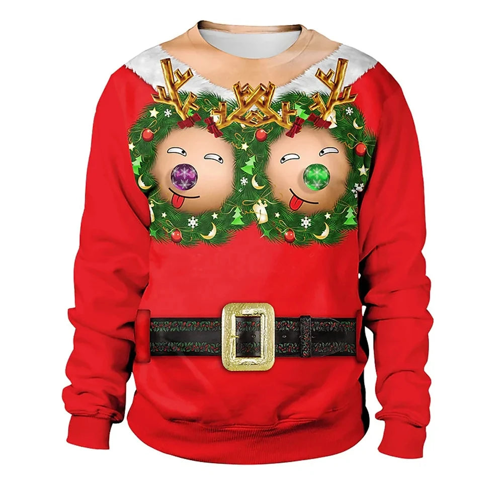 Christmas Pullovers Sweaters for Men Christmas Reindeer 3D Printed O-Neck Sweater Top Couple Clothing Holiday Women Sweatshirts