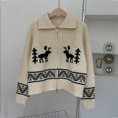 Christmas Red Deer Zipped Sweater Jacket New Year Lapel Jacquard Short Knitted Cardigan