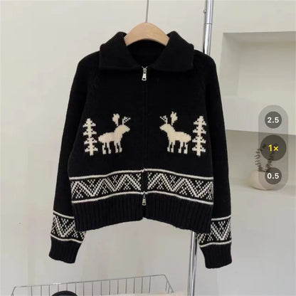 Christmas Red Deer Zipped Sweater Jacket New Year Lapel Jacquard Short Knitted Cardigan