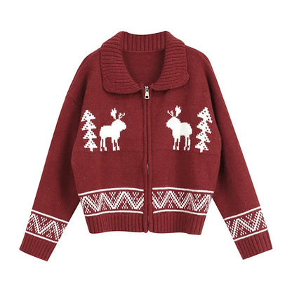 Christmas Red Deer Zipped Sweater Jacket New Year Lapel Jacquard Short Knitted Cardigan