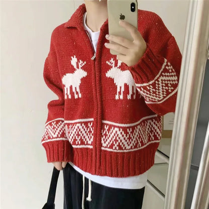 Christmas Red Deer Zipped Sweater Jacket New Year Lapel Jacquard Short Knitted Cardigan