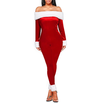 Christmas Romper Women Sexy Fashion Plush Trim Off Shoulder Long Sleeve Bodycon Jumpsuit Velvet Clothes Xmas Party Clubwear