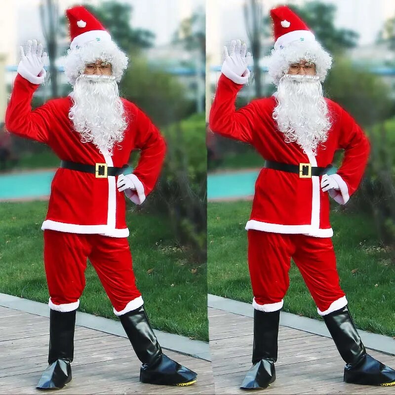 Christmas Santa Claus  Cosplay Costume For Adult Men Fancy Costumes Party Red Suit Coat Pants Beard Belt Hat Plus Size 6XL