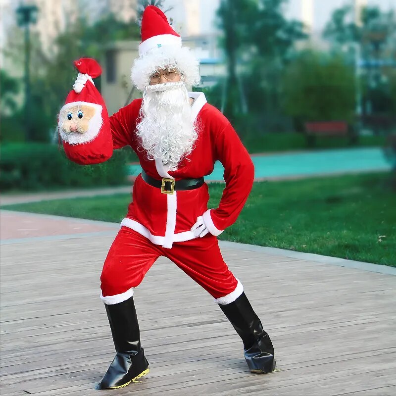 Christmas Santa Claus  Cosplay Costume For Adult Men Fancy Costumes Party Red Suit Coat Pants Beard Belt Hat Plus Size 6XL