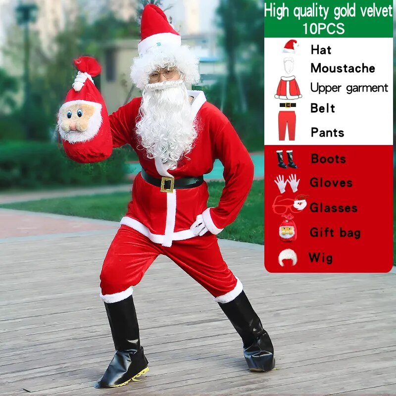 Christmas Santa Claus  Cosplay Costume For Adult Men Fancy Costumes Party Red Suit Coat Pants Beard Belt Hat Plus Size 6XL