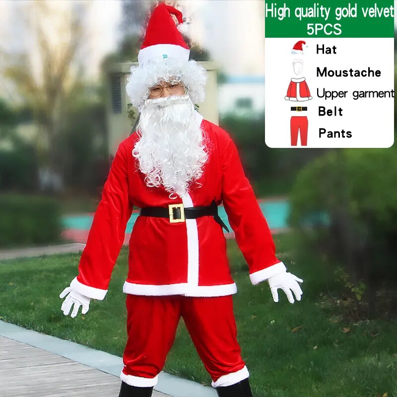 Christmas Santa Claus  Cosplay Costume For Adult Men Fancy Costumes Party Red Suit Coat Pants Beard Belt Hat Plus Size 6XL