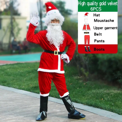 Christmas Santa Claus  Cosplay Costume For Adult Men Fancy Costumes Party Red Suit Coat Pants Beard Belt Hat Plus Size 6XL