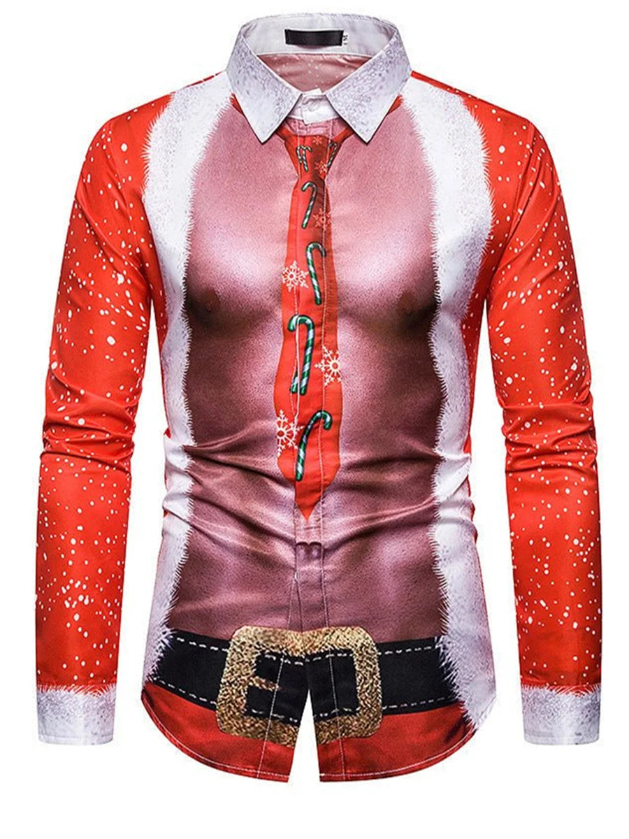 Christmas T-shirt Shirt Long Sleeve Button Christmas Tree HD Pattern Soft and Comfortable  New Muscle Men's Top Shirt XS-6XL