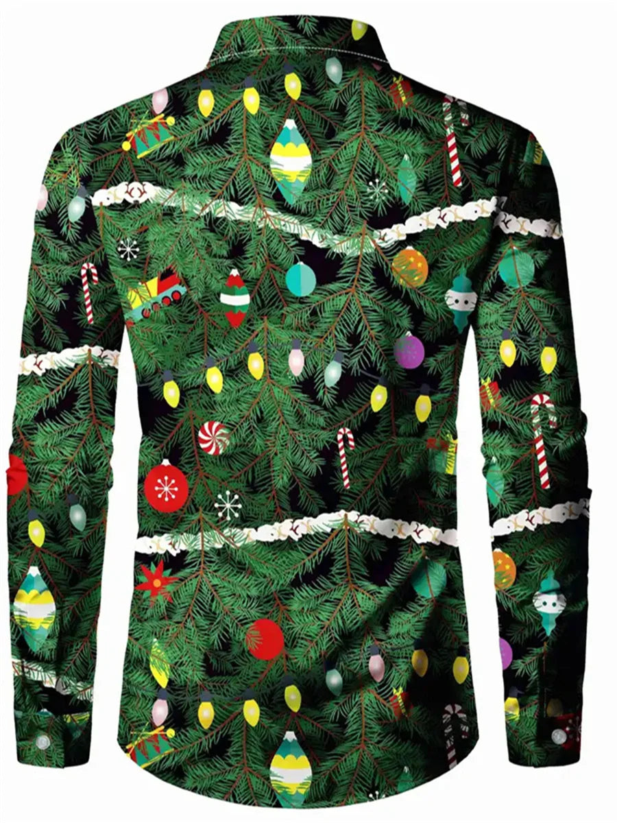 Christmas T-shirt Shirt Long Sleeve Button Christmas Tree HD Pattern Soft and Comfortable  New Muscle Men's Top Shirt XS-6XL