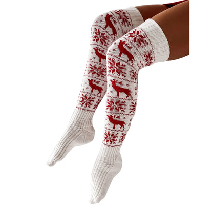 Christmas Women Knitted Cotton Woolen Stocking Warm Thigh High Over the Knee Cute Deer Printing Socks Twist Cable Crochet