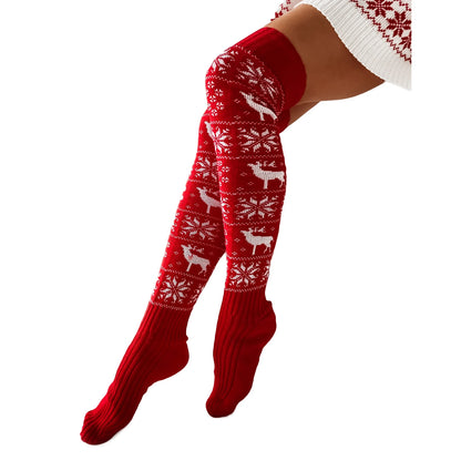 Christmas Women Knitted Cotton Woolen Stocking Warm Thigh High Over the Knee Cute Deer Printing Socks Twist Cable Crochet