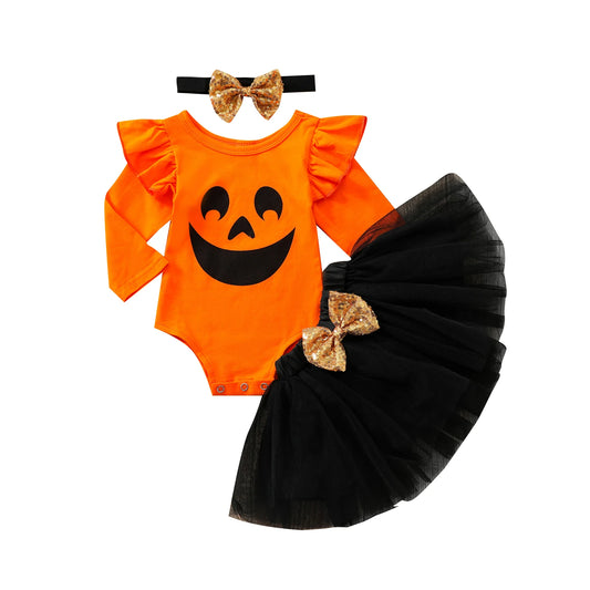 Autumn Halloween Infant Baby Girls Outfits O-Neck Long Sleeves Romper + Tutu Skirt + Headband Clothes 0-18Months