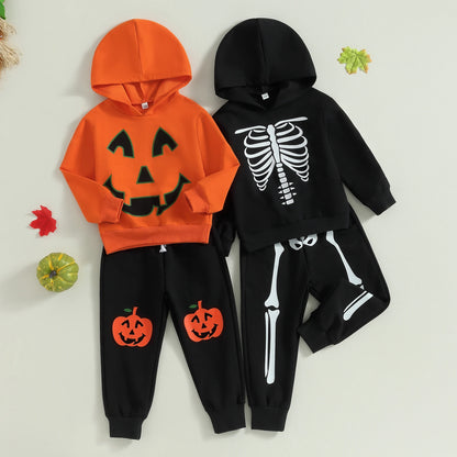 Citgeett Autumn Halloween Kids Boys Girls Outfit Pumpkin Print Long Sleeve Hooded Sweatshirt Pants Fall Clothes Set